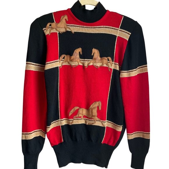 Antonella Preve Sweaters - Vintage Antonella Preve Leather Horse Knit Sweater Equestrian Old Money